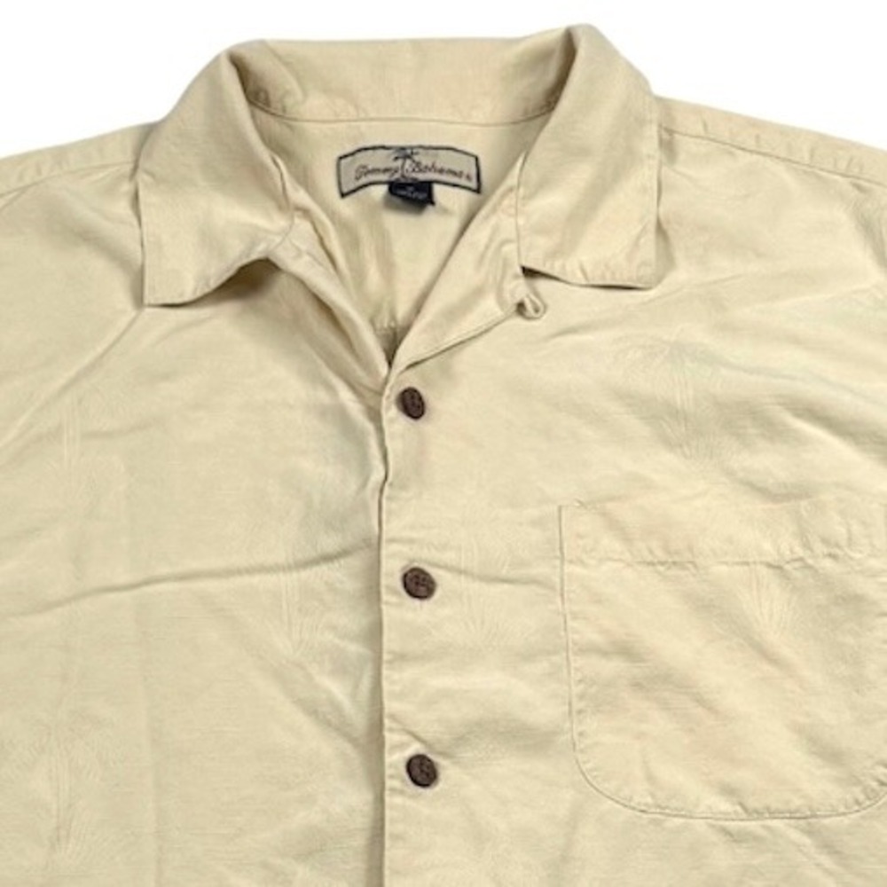 Tommy Bahama Button Down Shirt Mens Medium Beige Silk Palm Tree‎ Jacquard Camp